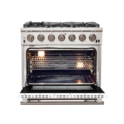 Forno Capriasca 36-Inch Gas Range, Stainless Steel, 6 Brass Burners, 120,000 BTU, Convection Oven, Energy Efficient, White Door