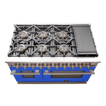 FORNO Capriasca 48-inch Gas Range Stainless Steel, 8 Brass Burners 160,000 BTU, 6.58 cu.ft. Double Oven, Blue Doors
