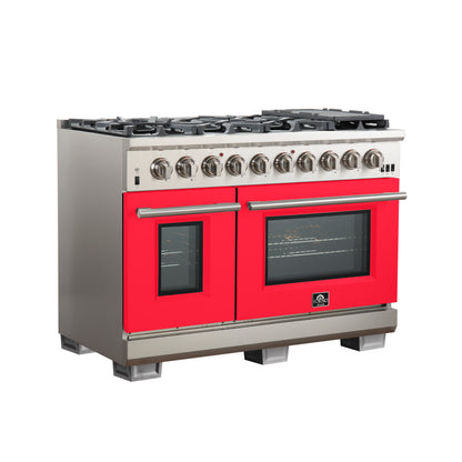 FORNO Capriasca 48-inch Gas Range Stainless Steel, 8 Brass Burners 160,000 BTU, 6.58 cu.ft. Double Oven, Red Doors