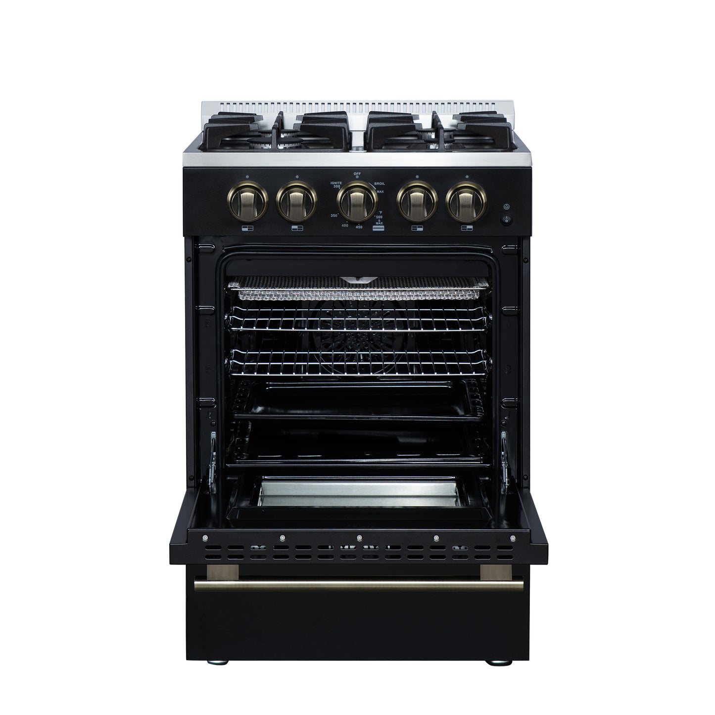 Forno Breno 24 Inch Freestanding Gas Range in Black with Antique Brass, Plug Included, Energy Efficient