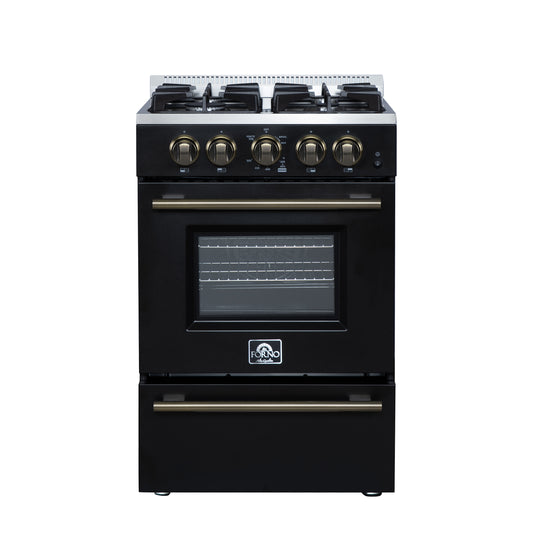 Forno Breno 24 Inch Freestanding Gas Range in Black with Antique Brass, Plug Included, Energy Efficient