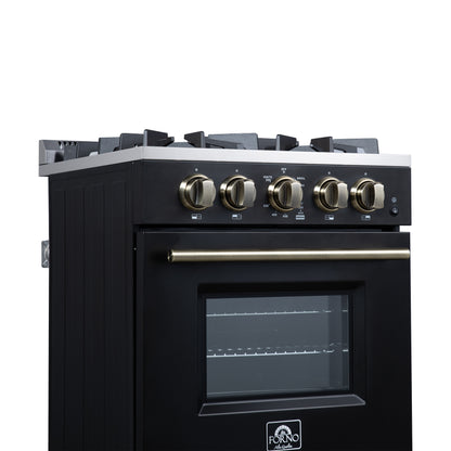 Forno Breno 24 Inch Freestanding Gas Range in Black with Antique Brass, Plug Included, Energy Efficient