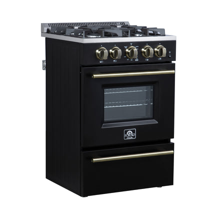 Forno Breno 24 Inch Freestanding Gas Range in Black with Antique Brass, Plug Included, Energy Efficient