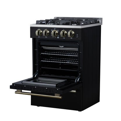 Forno Breno 24 Inch Freestanding Gas Range in Black with Antique Brass, Plug Included, Energy Efficient
