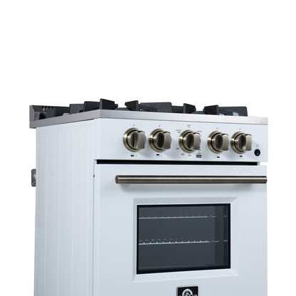 Forno Breno 24 Inch Freestanding Gas Range in White with Antique Brass, Plug Included, Energy Efficient
