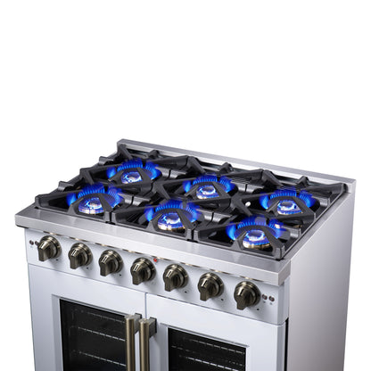 Forno Capriasca 36-Inch White Freestanding French Door Gas Range, 6 Burners, Convection Oven, Energy Efficient