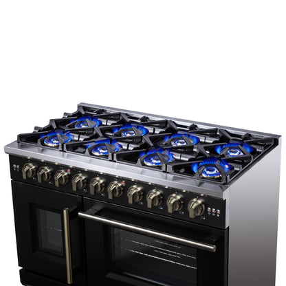 Forno Capriasca 48-Inch Black Freestanding French Door Gas Range, 8 Burners, Convection Oven, Energy Efficient