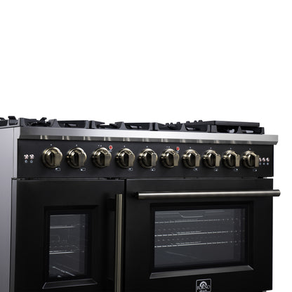 Forno Capriasca 48-Inch Black Freestanding French Door Gas Range, 8 Burners, Convection Oven, Energy Efficient