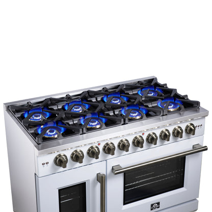 Forno Capriasca 48-Inch White Freestanding French Door Gas Range, 8 Burners, Convection Oven, Energy Efficient