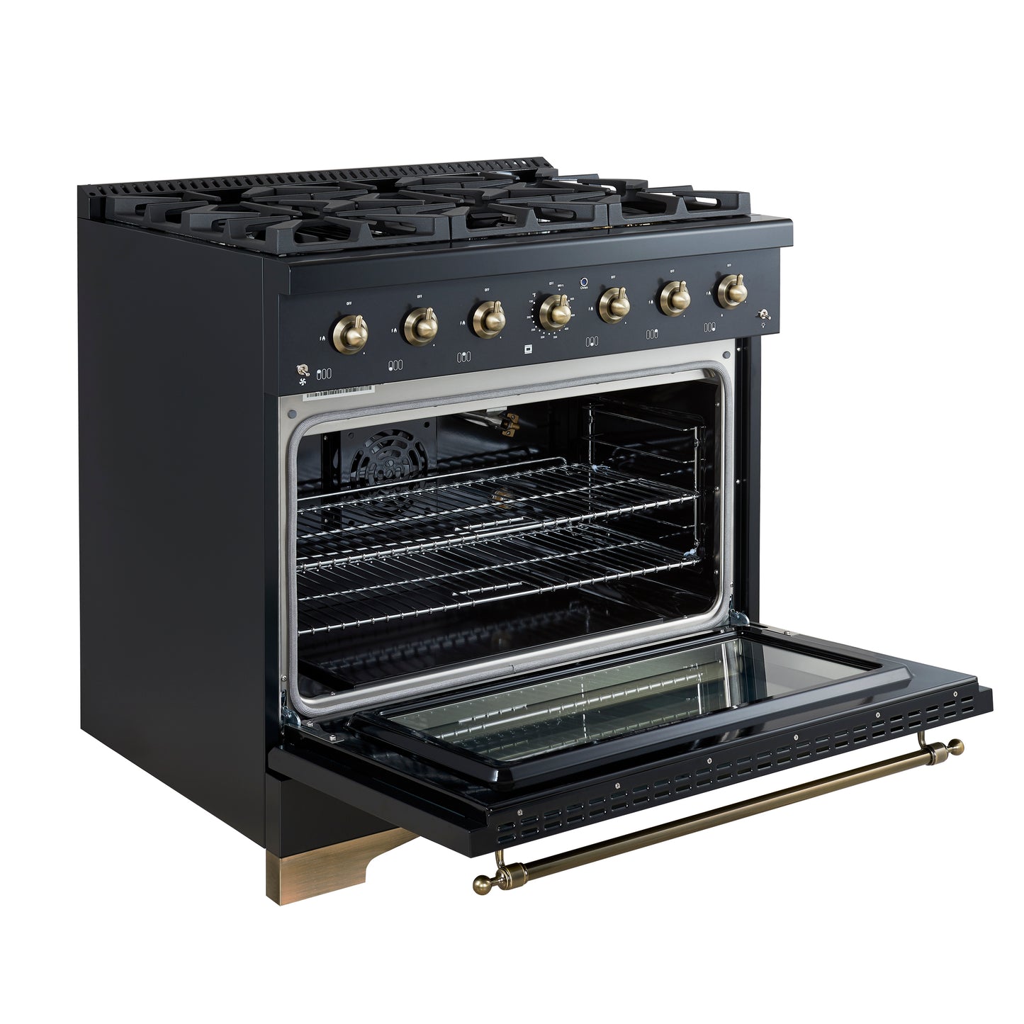 Forno Antico 36-Inch Freestanding Gas Range, Black, Antique Brass Design, 6 Burners, Convection Oven, Energy Efficient