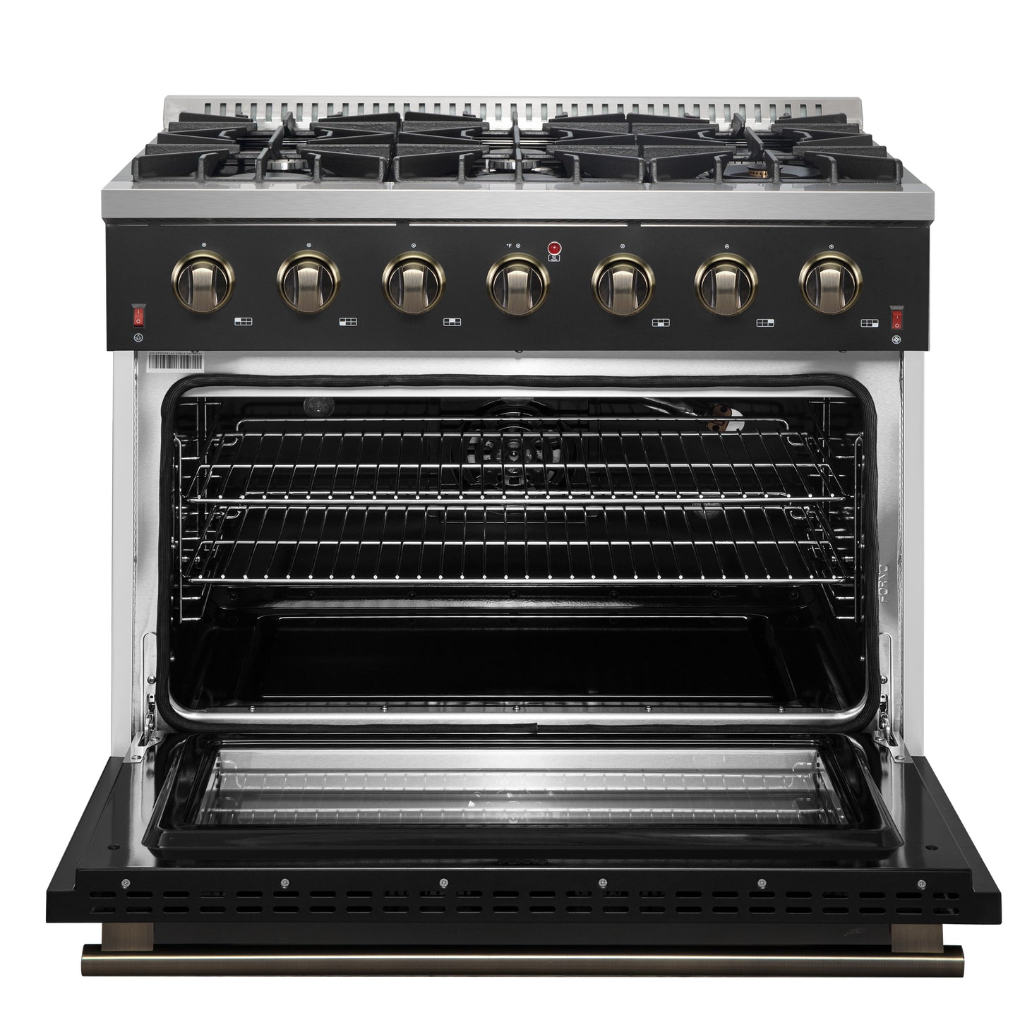 Forno Galiano 36-inch Freestanding Gas Range in Black with Antique Brass Design, 6 Burners, 83,000 BTU, 5.36 cu.ft. Convection Oven