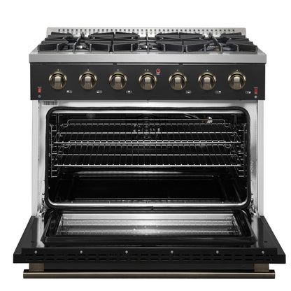 Forno Galiano 36-inch Freestanding Gas Range in Black with Antique Brass Design, 6 Burners, 83,000 BTU, 5.36 cu.ft. Convection Oven
