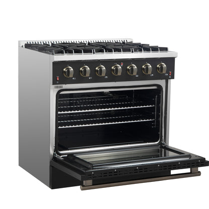 Forno Galiano 36-inch Freestanding Gas Range in Black with Antique Brass Design, 6 Burners, 83,000 BTU, 5.36 cu.ft. Convection Oven