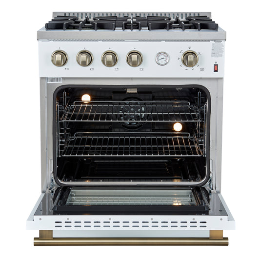Marco 30-inch Gas Range White & Antique Brass Design, 4 Burners 37,000 BTU, 4.32 cu.ft. Convection Oven