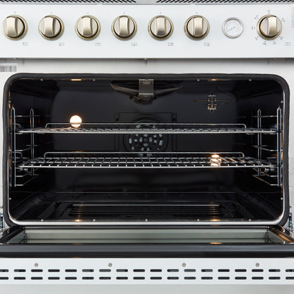 Marco 36-Inch Gas Range White & Antique Brass Design, 6 Burners 67,000 BTU, 5.36 cu.ft. Convection Oven