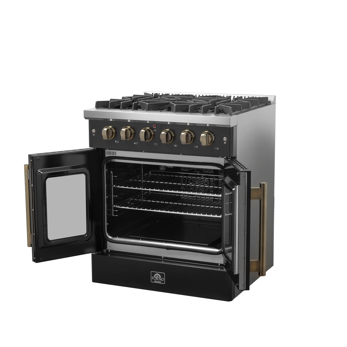Forno Galiano 30-inch French Door Gas Range Black and Antique Brass Design, 5 Sealed Burners 68,000 BTU,  4.32 cu.ft. Convection Oven