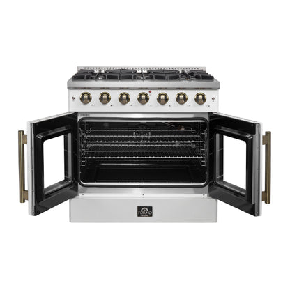 Forno Galiano 36-inch French Door Gas Range White and Antique Brass Design, 6 Sealed Burners 83,000 BTU, 5.36 cu.ft. Convection Oven