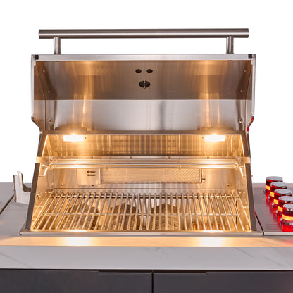 Forno Rimini Outdoor Kitchen: 30" BBQ 62,600 BTU, 4.8 cu.ft. Refrigerators, White Countertops