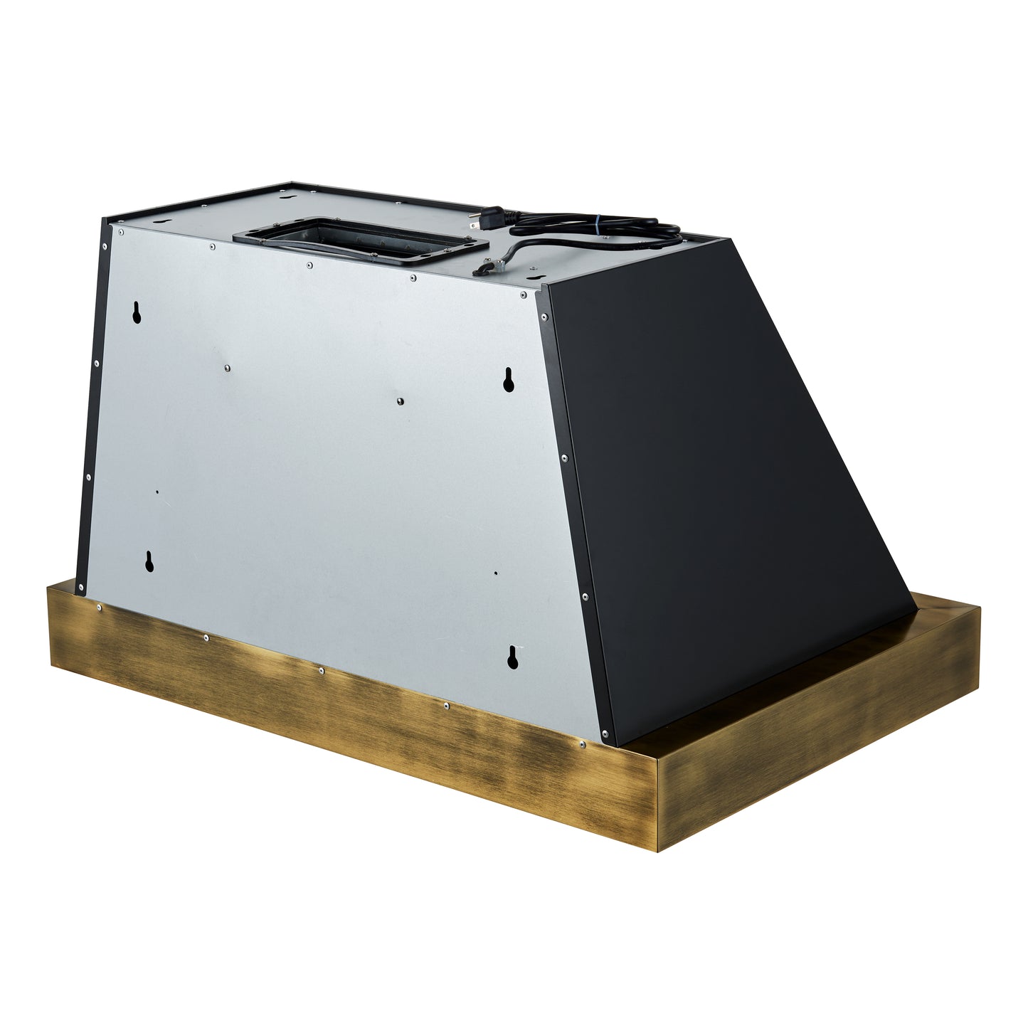 Forno Vittorio 36-Inch Wall Mount Range Hood, Black with Antique Brass Trim, 600 CFM Airflow, Dishwasher-Safe Baffle Filters, Remote Control, 3-Speed Fan, Bright LED Lighting.