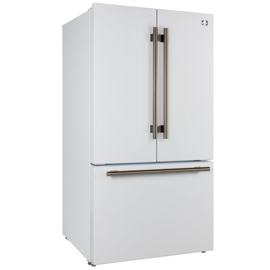Forno Rivello 36 Inch French Door Refrigerator in White with Antique Brass, Internal Water Dispenser, Filtered Ice, Adjustable Shelves, Energy Star Certified