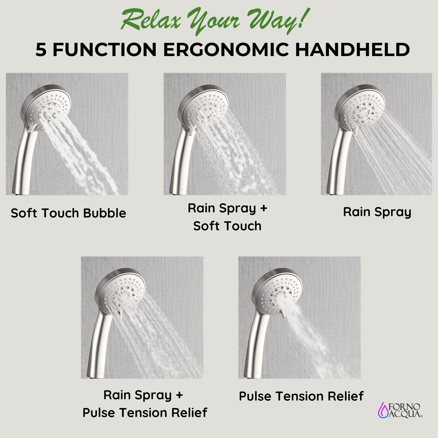 Forno Acqua AcquaFALL Shower, Polished Stainless Steel Finish, Overhead Rainfall Shower, Handheld Shower Head, Body Jets, 1.8 GPM Flow Rate