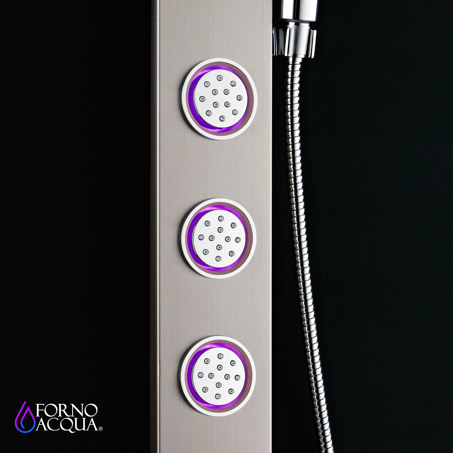 Forno Acqua AcquaSpa Shower Panel with SensoTemp, Stainless Steel, Overhead Rainfall Shower, Handheld Shower Head, Body Jets, 2.5 GPM Flow Rate