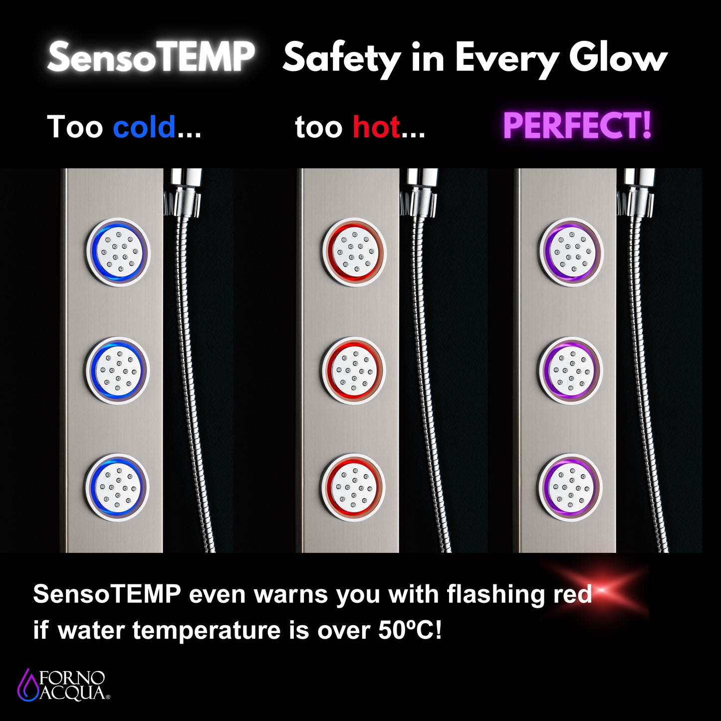 Forno Acqua AcquaSpa Shower Panel with SensoTemp, Stainless Steel, Overhead Rainfall Shower, Handheld Shower Head, Body Jets, 2.5 GPM Flow Rate