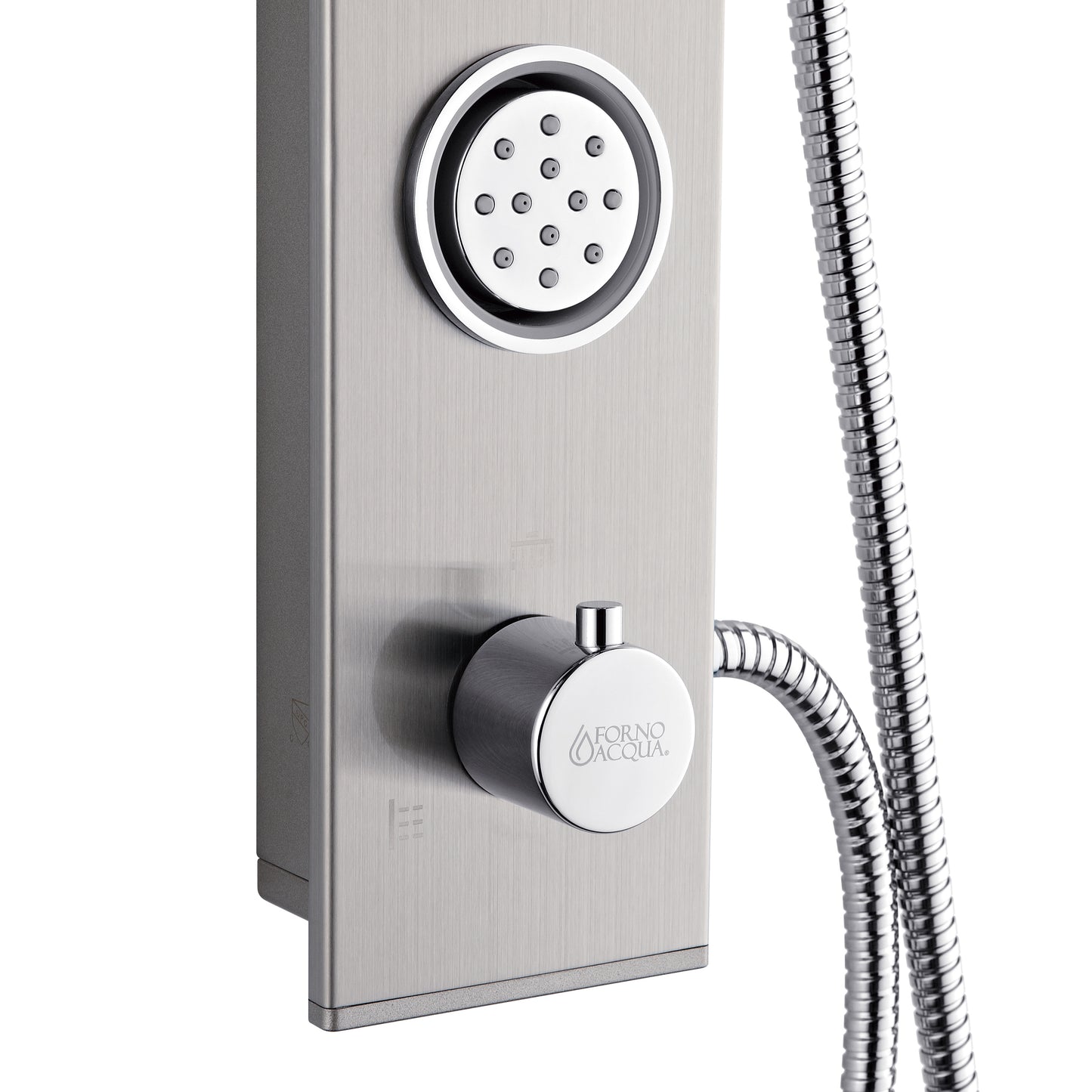 Forno Acqua AcquaSpa Shower Panel with SensoTemp, Stainless Steel, Overhead Rainfall Shower, Handheld Shower Head, Body Jets, 2.5 GPM Flow Rate