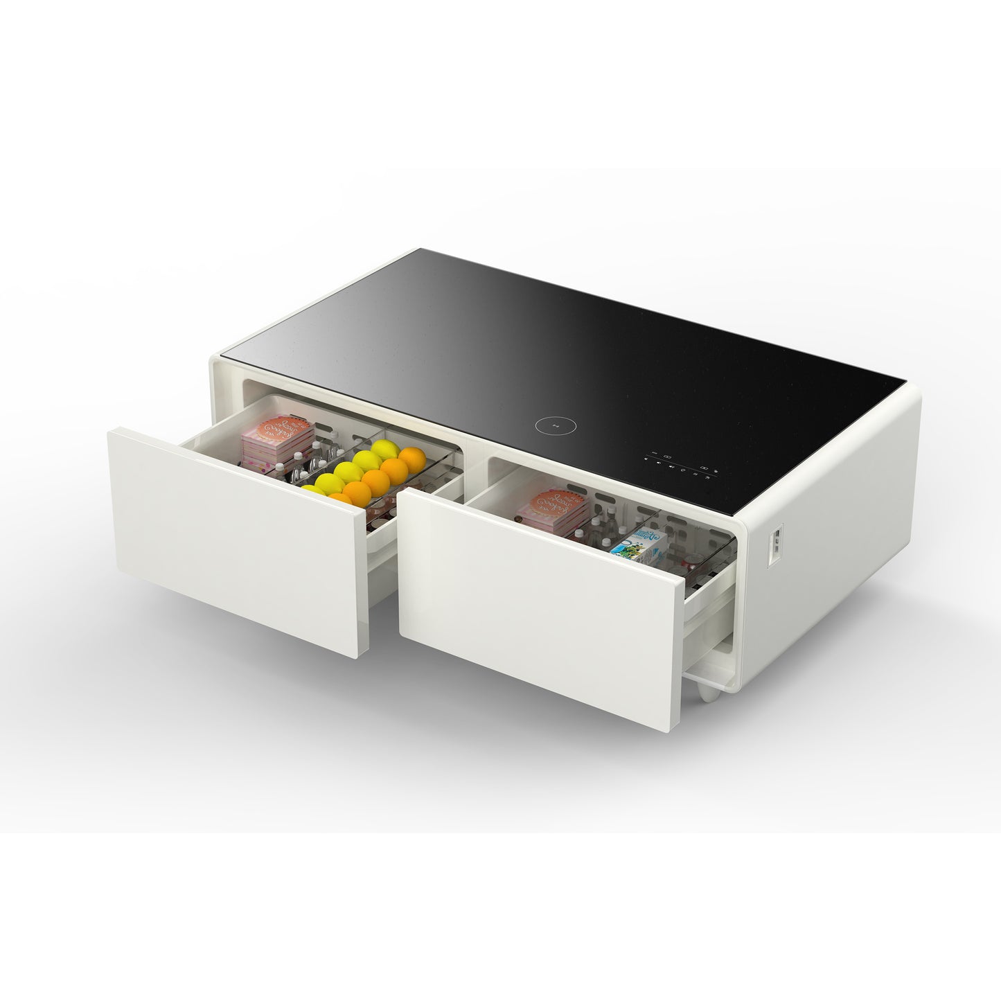 Forno Evoluto Tavolo 51-Inch White Smart Coffee Table – Dual Refrigerator Drawers, Bluetooth 5.0 Audio, Wireless Charging & RGB Ambient Light