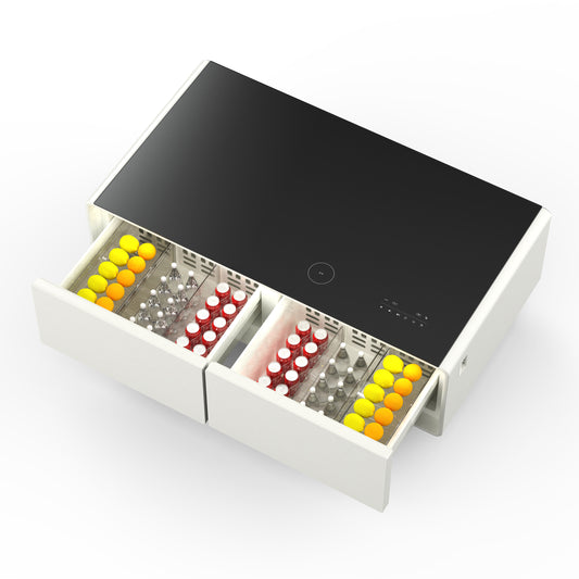 Forno Evoluto Tavolo 51-Inch White Smart Coffee Table – Dual Refrigerator Drawers, Bluetooth 5.0 Audio, Wireless Charging & RGB Ambient Light