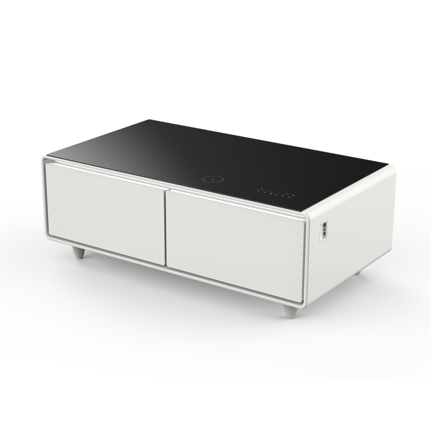 Forno Evoluto Tavolo 51-Inch White Smart Coffee Table – Dual Refrigerator Drawers, Bluetooth 5.0 Audio, Wireless Charging & RGB Ambient Light