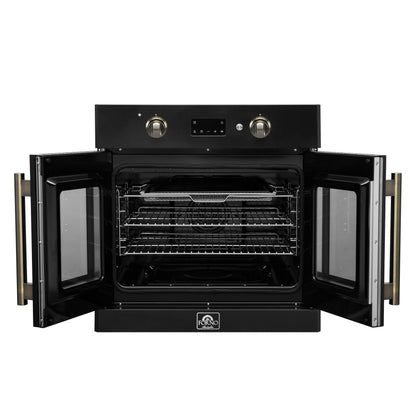 Forno Asti 30-Inch French Door Electric Wall Oven in Black & Antique Brass, 3.68 cu. ft. True Convection, 3,600W, Air Fry, Sous Vide, Self-Clean