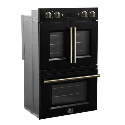 Forno Asti 30-Inch Double Electric Wall Oven with Upper French Doors in Black & Antique Brass, 7.36 cu. ft. Dual True Convection, 7,200W, Air Fry, Sous Vide, Self-Clean