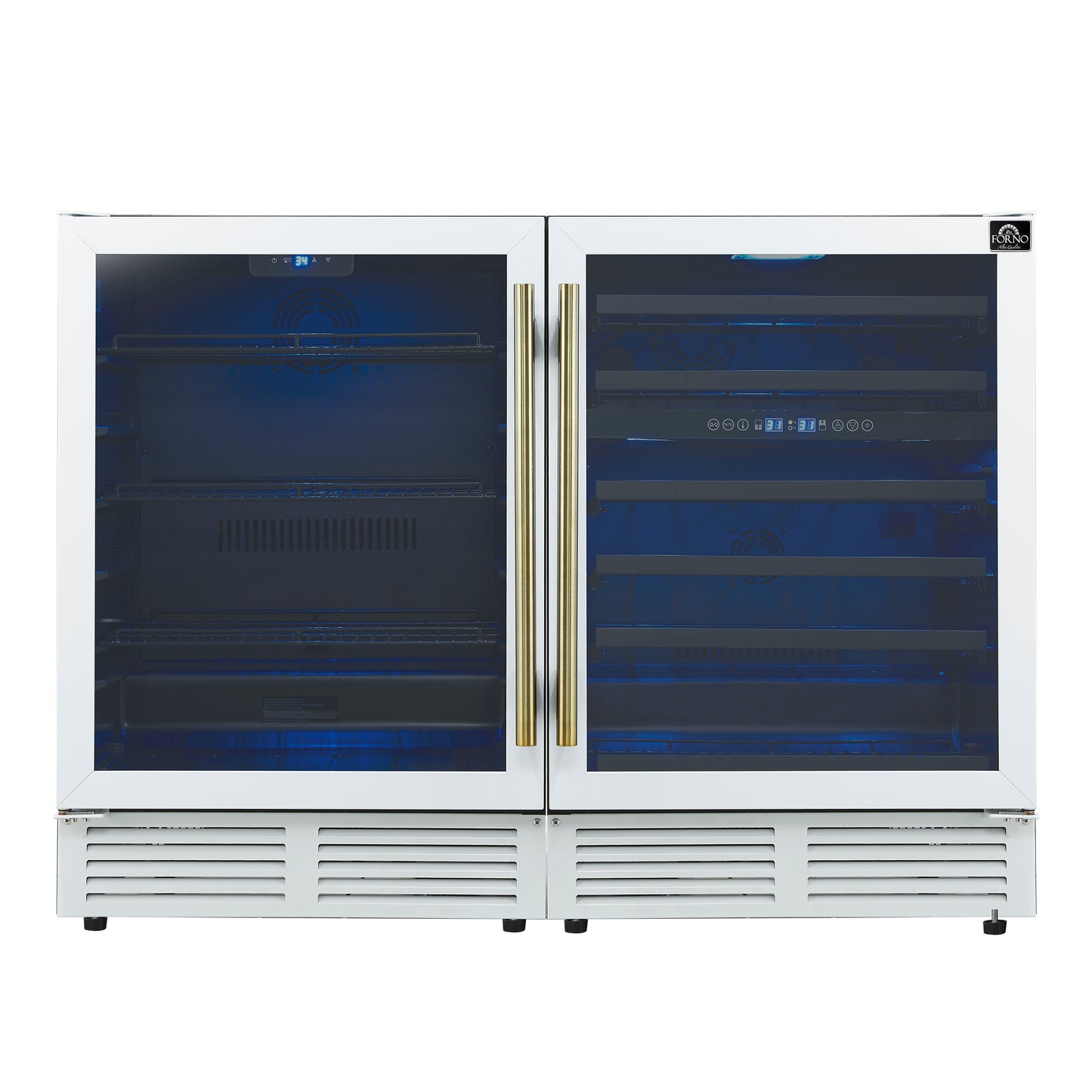 Gemello 48 Inch Side-by-Side Wine and Beverage Cooler in White with Antique Brass Handles, French Door, 9.6 cu. ft.