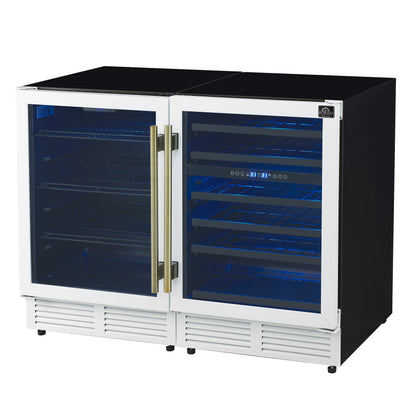 Gemello 48 Inch Side-by-Side Wine and Beverage Cooler in White with Antique Brass Handles, French Door, 9.6 cu. ft.